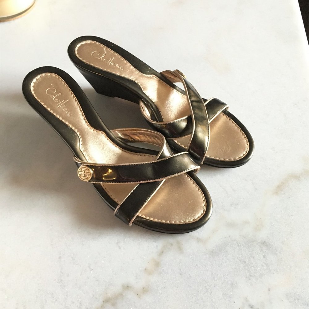 Cole Haan patent leather wedge sandals / shoes, kitten heel height, 90s / Y2K